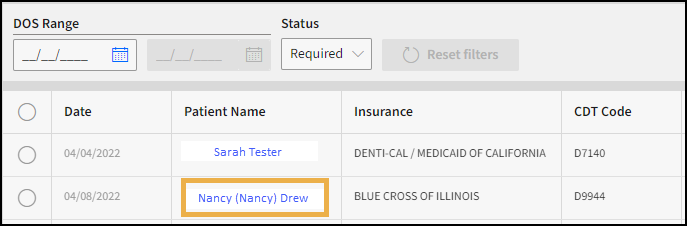 Predetermination request with yellow highlight box around a patient name hyperlink.